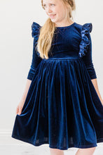 Load image into Gallery viewer, Navy Velvet Ruffle Twirl Dress - littlelightcollective