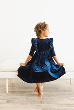 Load image into Gallery viewer, Navy Velvet Ruffle Twirl Dress - littlelightcollective