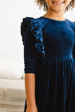 Load image into Gallery viewer, Navy Velvet Ruffle Twirl Dress - littlelightcollective