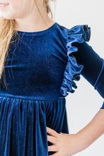 Load image into Gallery viewer, Navy Velvet Ruffle Twirl Dress - littlelightcollective