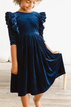 Load image into Gallery viewer, Navy Velvet Ruffle Twirl Dress - littlelightcollective