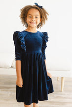 Load image into Gallery viewer, Navy Velvet Ruffle Twirl Dress - littlelightcollective