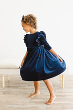 Load image into Gallery viewer, Navy Velvet Ruffle Twirl Dress - littlelightcollective