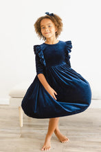 Load image into Gallery viewer, Navy Velvet Ruffle Twirl Dress - littlelightcollective