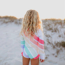Load image into Gallery viewer, Kids Pastel Rainbow Stripe Zip Rash Guard One Piece Swimsuit - littlelightcollective