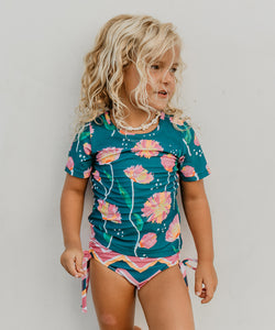 Kids Dark Teal Floral Short Sleeve Rash Guard Swimsuit - littlelightcollective