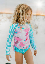 Load image into Gallery viewer, Kids Long Sleeve Rash Guard Ruffle Swimsuit Pink Abstract - littlelightcollective