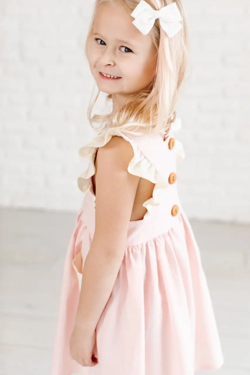 Strawberries & Cream Linen Pinafore Dress in Strawberry and Cream 5/6
