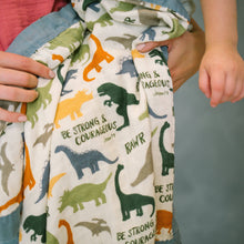 Load image into Gallery viewer, Dinosaurs &quot;Be Strong and Courageous&quot; Luxury Double Sided Muslin Catholic Blanket - littlelightcollective