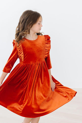 Pumpkin Spice Velvet Ruffle Twirl Dress - littlelightcollective