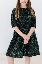 Load image into Gallery viewer, Hunter Green Velvet Sequin Dress - littlelightcollective