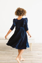 Load image into Gallery viewer, Navy Velvet Ruffle Twirl Dress - littlelightcollective