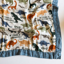 Load image into Gallery viewer, Dinosaurs &quot;Be Strong and Courageous&quot; Luxury Double Sided Muslin Catholic Blanket - littlelightcollective