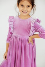 Load image into Gallery viewer, Carnation Pink Velvet Ruffle Twirl Dress - littlelightcollective