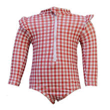 Load image into Gallery viewer, Gingham Long Sleeve Ruffle Zipper One-Piece