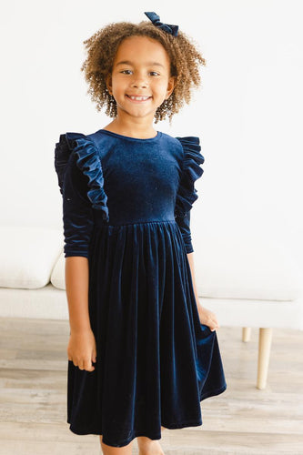 Navy Velvet Ruffle Twirl Dress - littlelightcollective