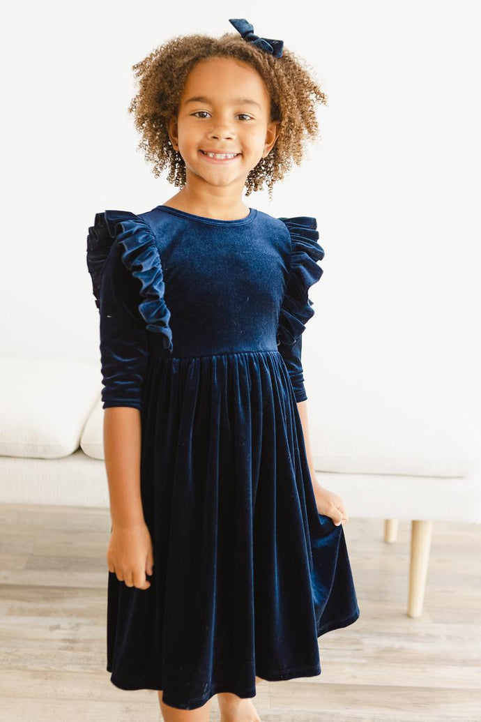 Navy Velvet Ruffle Twirl Dress - littlelightcollective