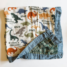 Load image into Gallery viewer, Dinosaurs &quot;Be Strong and Courageous&quot; Luxury Double Sided Muslin Catholic Blanket - littlelightcollective