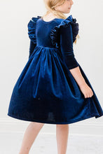 Load image into Gallery viewer, Navy Velvet Ruffle Twirl Dress - littlelightcollective