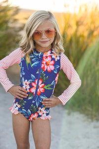 Coral Stripe Zip Rash Guard Swimsuit - littlelightcollective