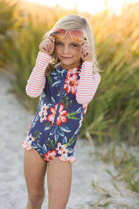 Coral Stripe Zip Rash Guard Swimsuit - littlelightcollective