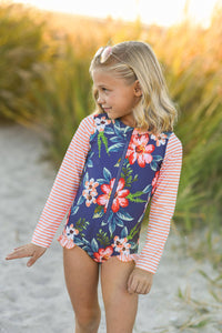 Coral Stripe Zip Rash Guard Swimsuit - littlelightcollective