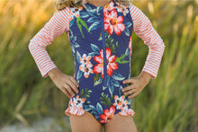 Load image into Gallery viewer, Coral Stripe Zip Rash Guard Swimsuit - littlelightcollective