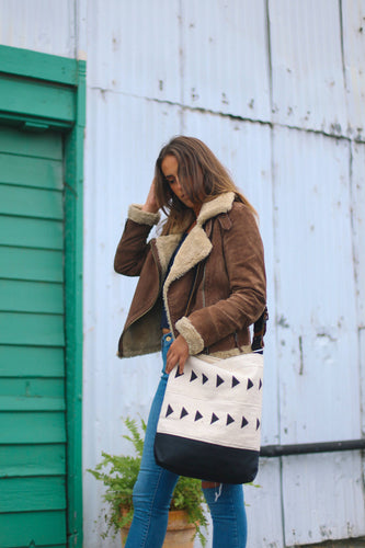 White Mudcloth Tote Triangles - littlelightcollective