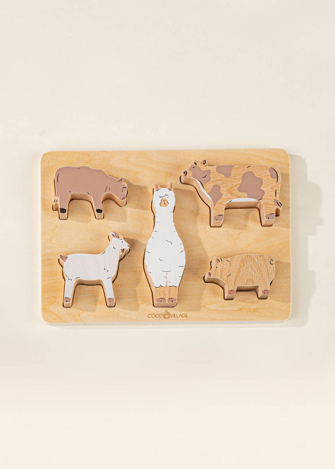 Set of 5 Barn Animals on Wooden Plate - littlelightcollective