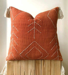 Boho Cushion Cover / Cotton Throw Pillow - Brick Fern Tassel - littlelightcollective