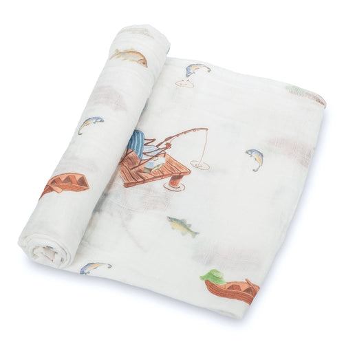 Gone Fishing Baby Muslin Cotton Blanket - littlelightcollective