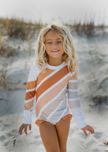 Load image into Gallery viewer, Pre-Order Beige Stripe Rainbow Zip Rash Guard Swimsuit - littlelightcollective