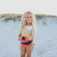 Load image into Gallery viewer, Kids Long Sleeve Coral Navy Sunset Rash Guard Swimsuit - littlelightcollective