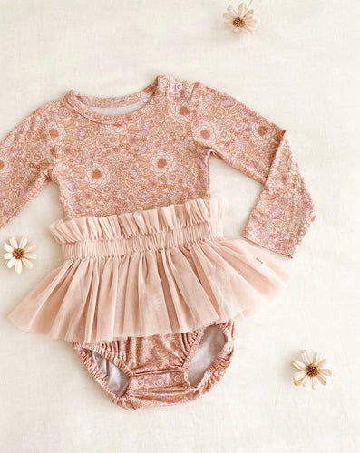 PRE-ORDER Long Sleeve Organic Tutu Romper- Bloom Floral - littlelightcollective