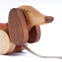 Load image into Gallery viewer, Wooden Pull Toy Red Sausage Dog - littlelightcollective