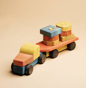 Wooden Truck With A Trailer Sorter Pyramid Painted - littlelightcollective
