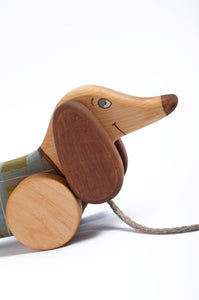 Wooden Pull Toy Green Sausage Dog - littlelightcollective