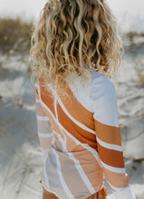 Load image into Gallery viewer, Pre-Order Beige Stripe Rainbow Zip Rash Guard Swimsuit - littlelightcollective