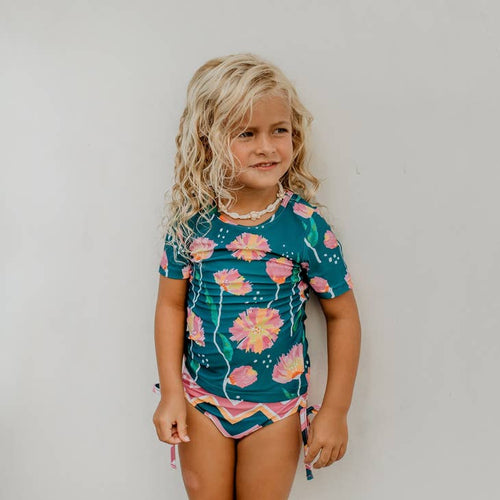 Kids Dark Teal Floral Short Sleeve Rash Guard Swimsuit - littlelightcollective