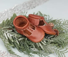 Load image into Gallery viewer, T-strap in Brick color with brown suede sole Moccasins - littlelightcollective