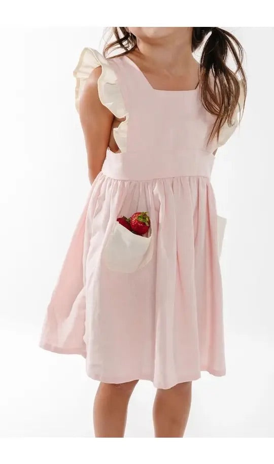 Strawberries & Cream Linen Pinafore Dress in Strawberry and Cream 5/6 Strawberries & Cream Linen Pinafore Dress in Strawberry and Cream 5/6