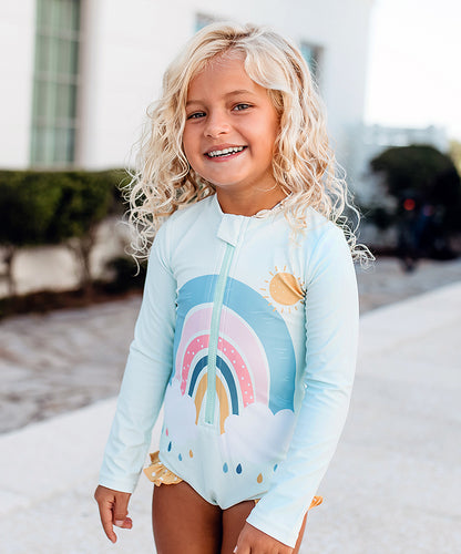 Pre-Order Kids Mint Rainbow Zip Rash Guard One Piece Swimsuit - littlelightcollective