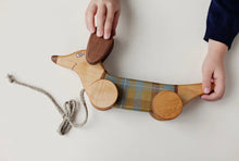 Load image into Gallery viewer, Wooden Pull Toy Green Sausage Dog - littlelightcollective