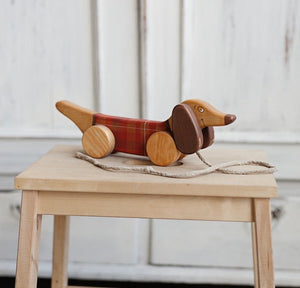 Wooden Pull Toy Red Sausage Dog - littlelightcollective