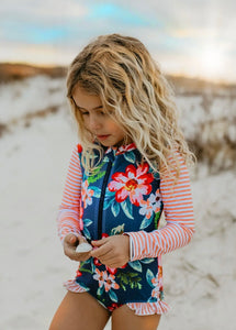 Coral Stripe Zip Rash Guard Swimsuit - littlelightcollective