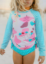 Load image into Gallery viewer, Kids Long Sleeve Rash Guard Ruffle Swimsuit Pink Abstract - littlelightcollective