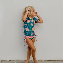 Load image into Gallery viewer, Kids Dark Teal Floral Short Sleeve Rash Guard Swimsuit - littlelightcollective