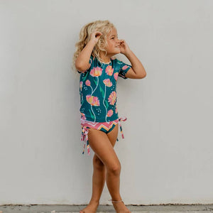 Kids Dark Teal Floral Short Sleeve Rash Guard Swimsuit - littlelightcollective