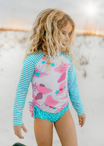 Kids Long Sleeve Rash Guard Ruffle Swimsuit Pink Abstract - littlelightcollective