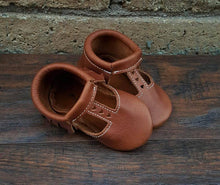 Load image into Gallery viewer, T-strap in Brick color with brown suede sole Moccasins - littlelightcollective